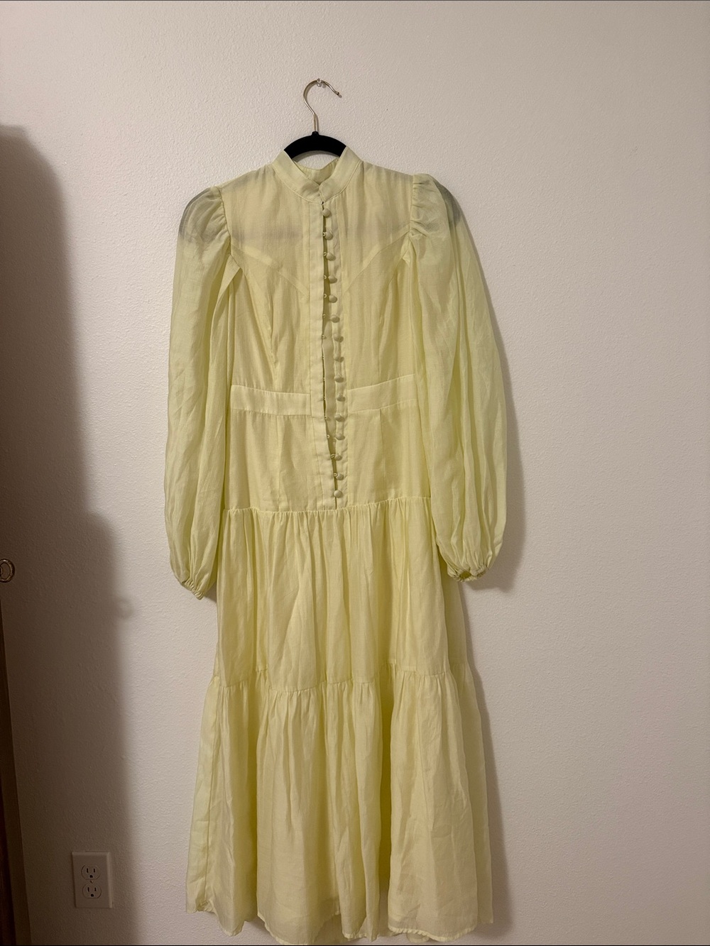 Women’s Pale Yellow Button-Front Long Sleeve Tiered Dress